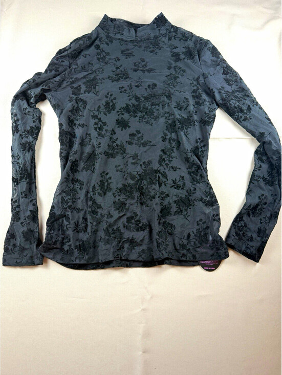 Tops - BemorRun Gray Black Floral Flocked Mesh Sheer Stretch Mock Neck Top Women’s M